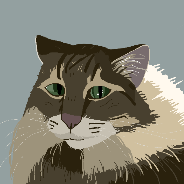 A minimalistic painting of a cat. It is primarily brown, beige and cream colored. It's green eyes are starying at the camera. A minimalistic painting of a cat. It is primarily brown, beige and cream colored. It's green eyes are starying at the camera.