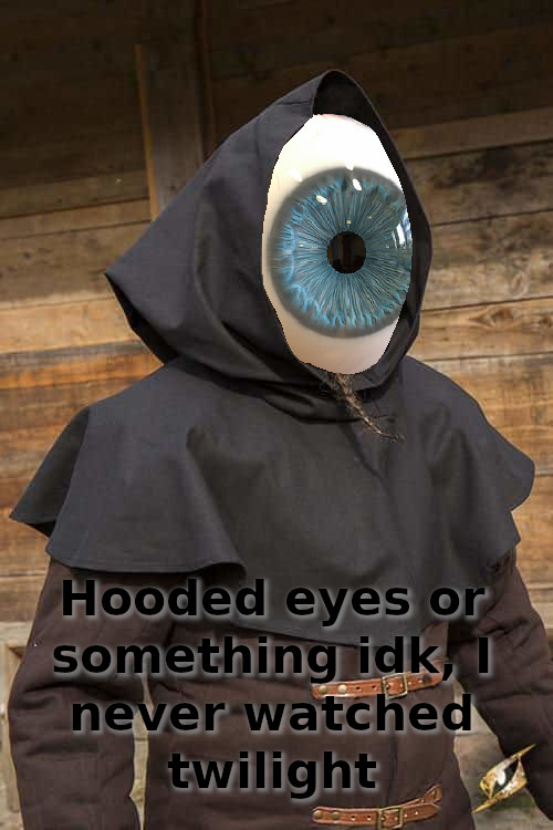 A photo of a hooded rogue, however the face has been replaced with a giant eyeball. A photo of a hooded rogue, however the face has been replaced with a giant eyeball.