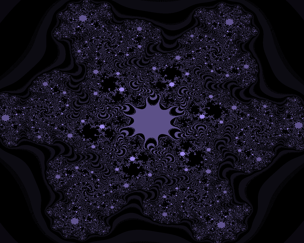 A purple and black gractal. In the center there is a prominent structure with striped tendrils branching to the sides of the image. It is chaotic but symmetrical.