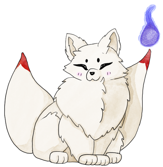 A digital painting of a fox or kitsune. It has a light cream colored body with red tipped tales and a blue and purple fox fire hovering on the right side. The colors are all done in a style of water color. A digital painting of a fox or kitsune. It has a light cream colored body with red tipped tales and a blue and purple fox fire hovering on the right side. The colors are all done in a style of water color.