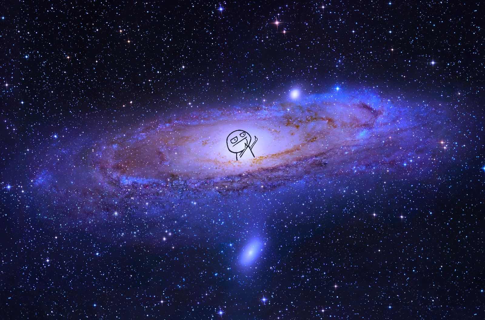 A picutre of a galaxy is shown with a memeface in the center of the galaxy giving the finger A picutre of a galaxy is shown with a memeface in the center of the galaxy giving the finger
