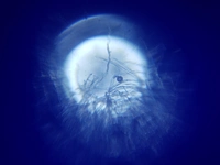 A central halo is surrounded by a vignette of blue. Ontop of the halo are semi-transparent threads. Among the threads, there is a single circular object of unkown orgin.