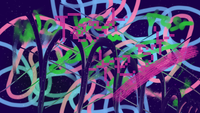 A purple background, with abstract and random patterns and brush strokes in various shades of pink, green and teal. Different brush textures are present. Through multiple layers the word "test" can be seen, sometimes clearly and sometimes subtly. 