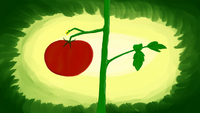 A tomato is attached to a vine in the center of the image. The background is abstract with a green border that fades into yellow then white in the center. It is a digital image that replicates a traditional painting with some canvas texture showing.