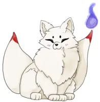 A digital painting of a fox or kitsune. It has a light cream colored body with red tipped tales and a blue and purple fox fire hovering on the right side. The colors are all done in a style of water color.