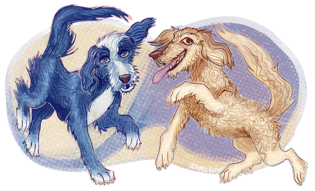 A painting of my dogs done by Mads/AtomicGothic. Ruka is on the left, mid stride, facing the camera on a light-colored background. Kheldar is on the right mid leap, angled to the camera on a dark background.
